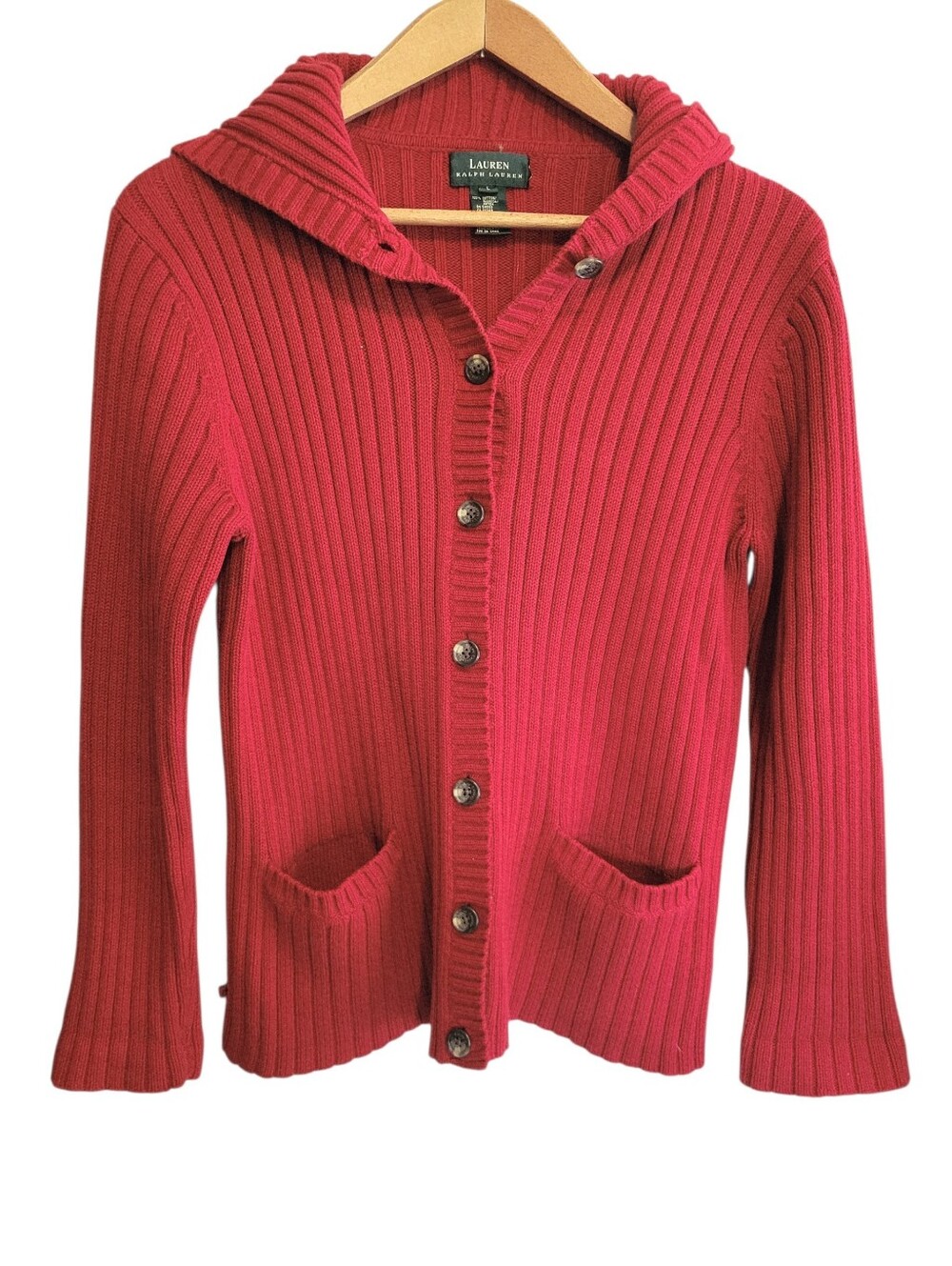 Lauren Ralph Lauren Red Ribbed Knit Hooded Button Down Cardigan Sweater Size L